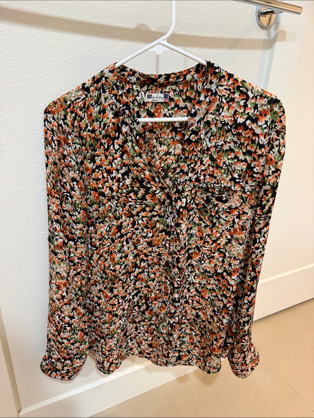 Kut from the Kloth Black Floral-Print V-Neck Blouse with Orange & Green Accents